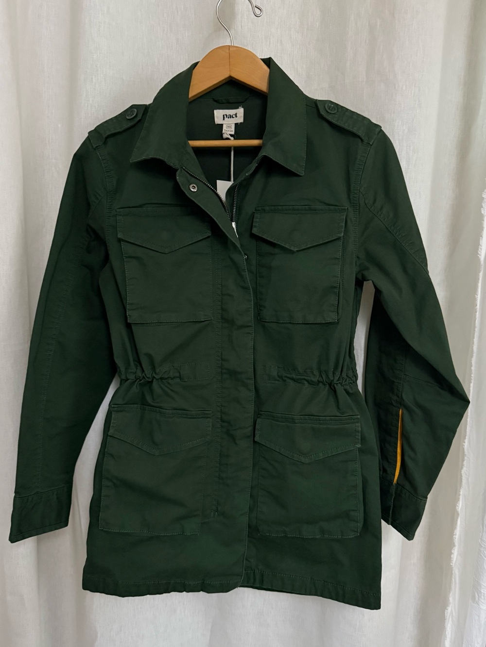 NWT PACT Organic Cotton Utility Field Jacket XS Forest Green Safari Cinch Waist